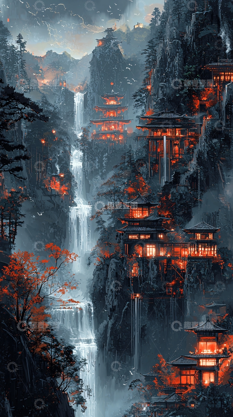 高清大图下载【趣麦麦图】山间瀑布寺庙的夜景