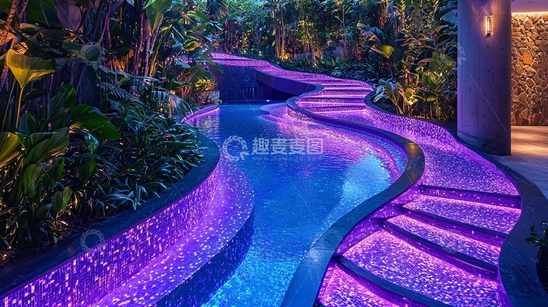 高清大图下载【趣麦麦图】紫色灯光游泳池阶梯