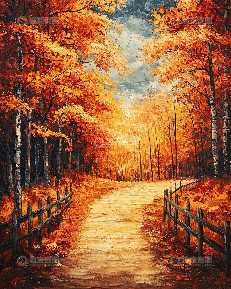 高清大图下载【趣麦麦图】秋日森林小路油画