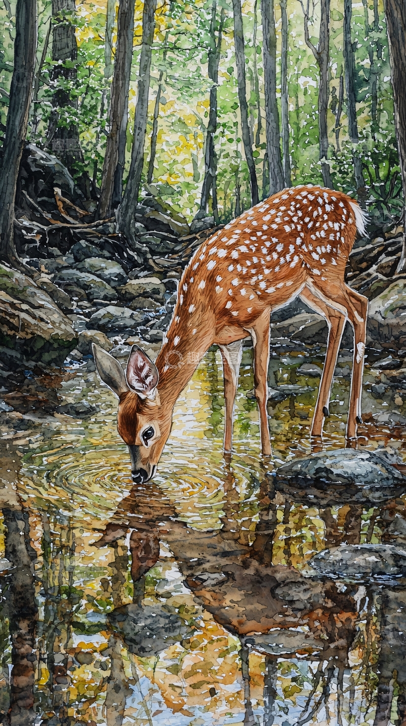 高清大图下载【趣麦麦图】小鹿在溪边饮水