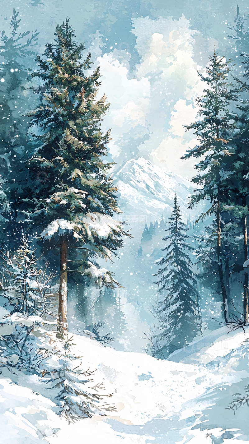 高清大图下载【趣麦麦图】雪山松林冬景图