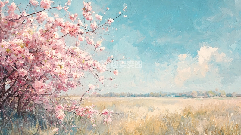 高清大图下载【趣麦麦图】粉红樱花田野风景画
