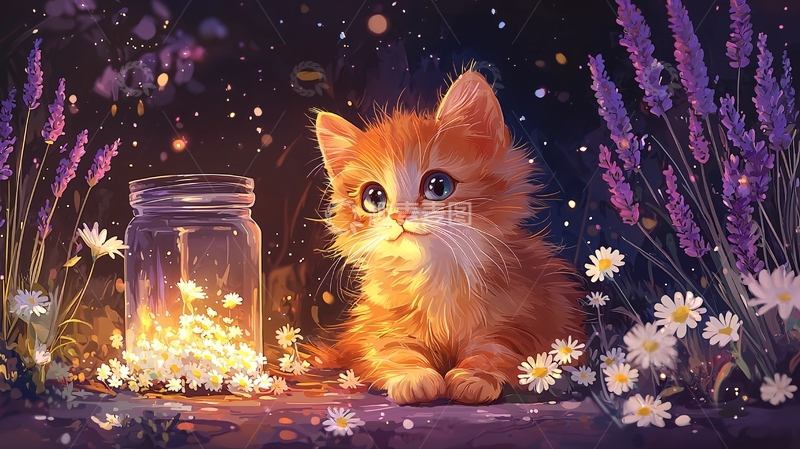 高清大图下载【趣麦麦图】小猫萤火虫薰衣草