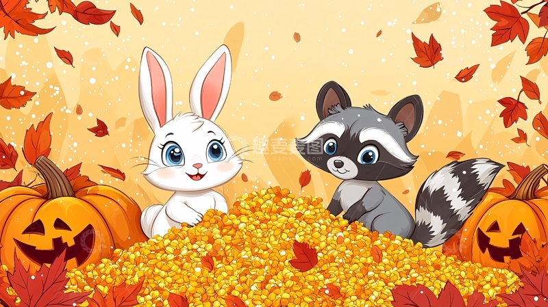高清大图下载【趣麦麦图】卡通兔子浣熊南瓜