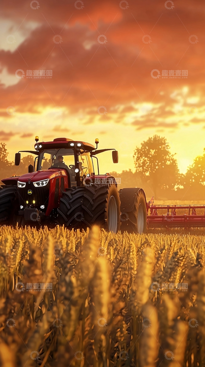 高清大图下载【趣麦麦图】夕阳下麦田里的红色拖拉机