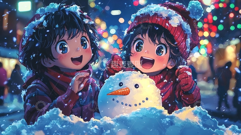 高清大图下载【趣麦麦图】雪夜堆雪人两个女孩