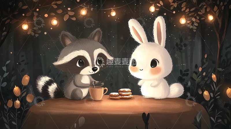 高清大图下载【趣麦麦图】浣熊和兔子喝下午茶
