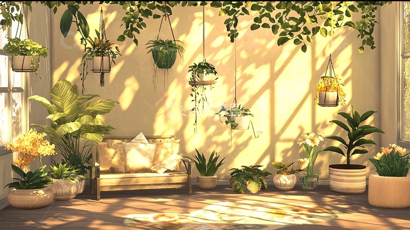高清大图下载【趣麦麦图】阳光洒满绿植环绕的室内花园