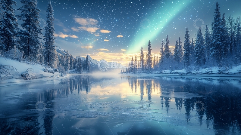 高清大图下载【趣麦麦图】冰雪覆盖的湖面极光倒影