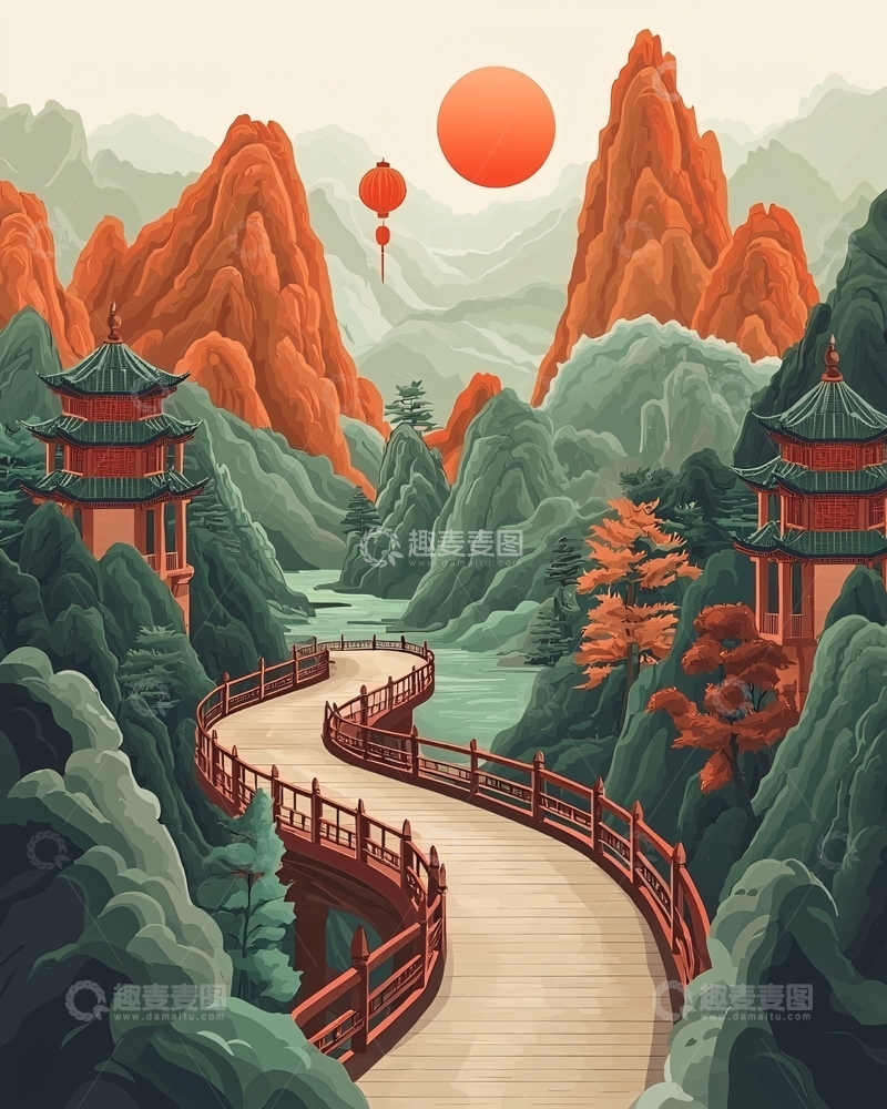 高清大图下载【趣麦麦图】水墨画风格的山水场景