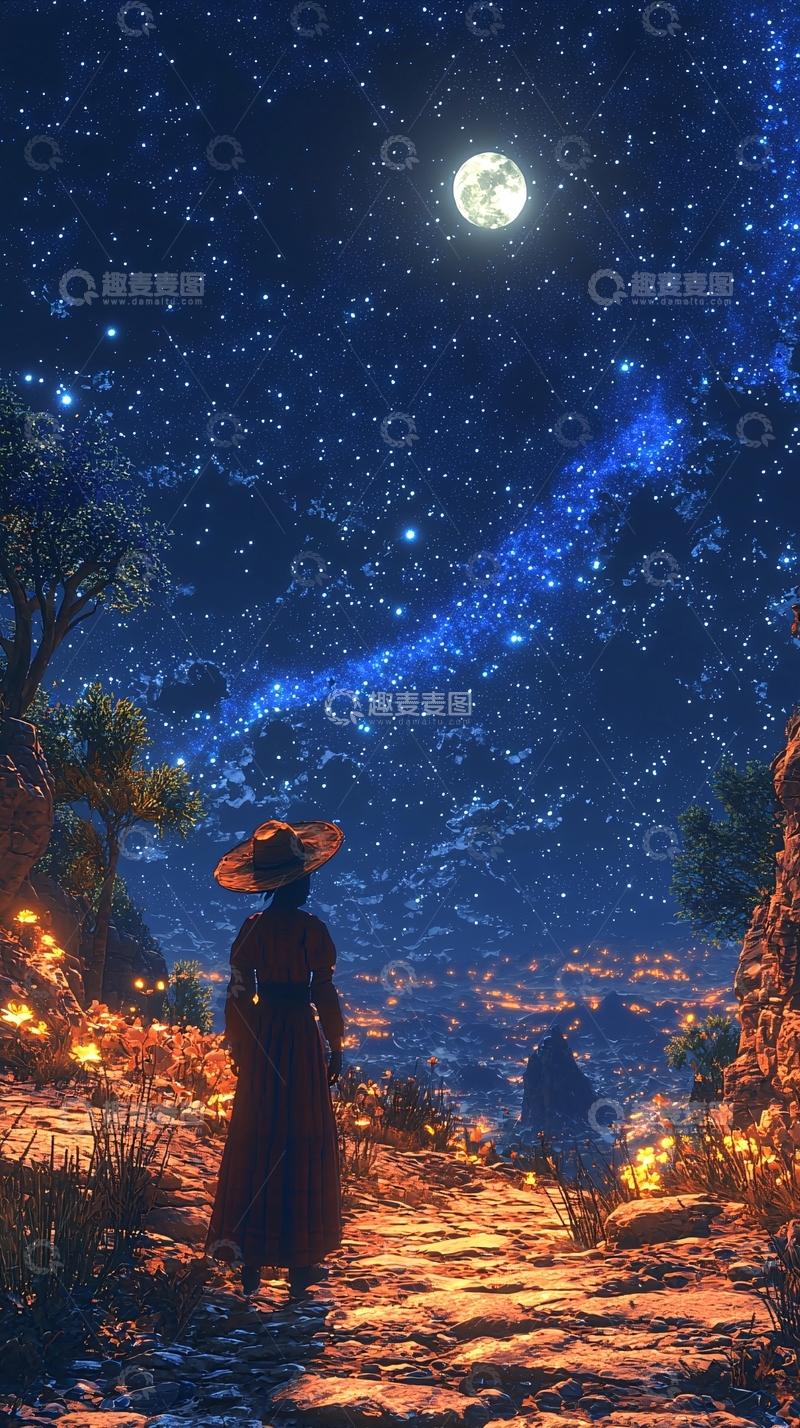 高清大图下载【趣麦麦图】戴帽子的人在星空下看月亮