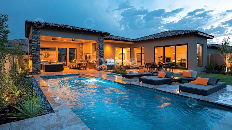 高清大图下载【趣麦麦图】现代别墅夜景泳池