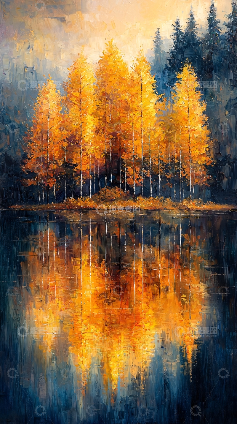 高清大图下载【趣麦麦图】秋日湖边金黄树木倒影