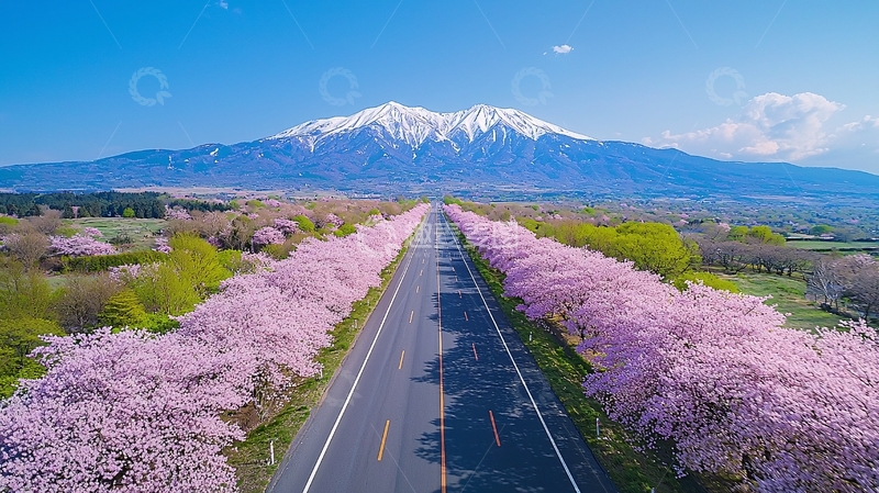 高清大图下载【趣麦麦图】粉色樱花路通向雪山