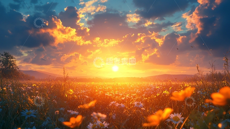 高清大图下载【趣麦麦图】日落田野花海