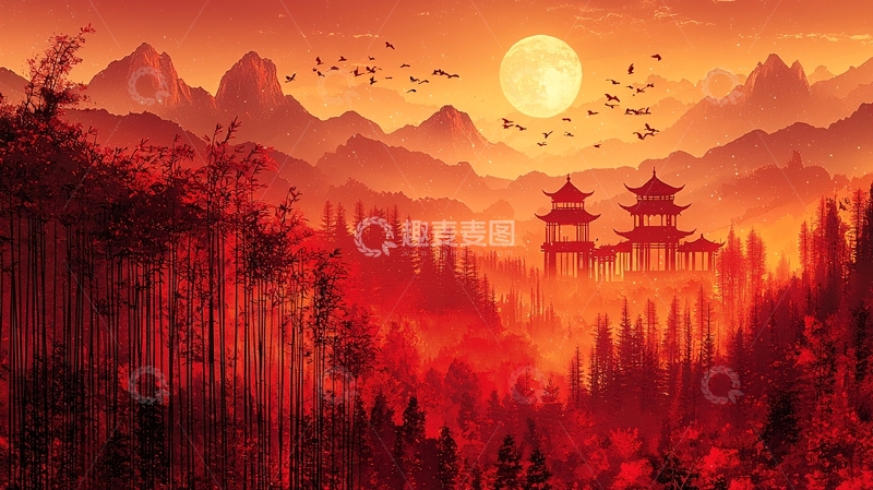 高清大图下载【趣麦麦图】日落山景寺庙剪影