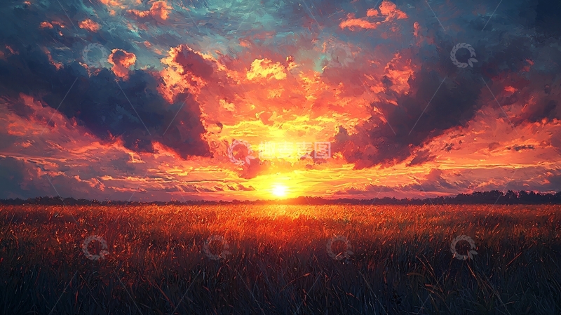 高清大图下载【趣麦麦图】燃烧的落日田野