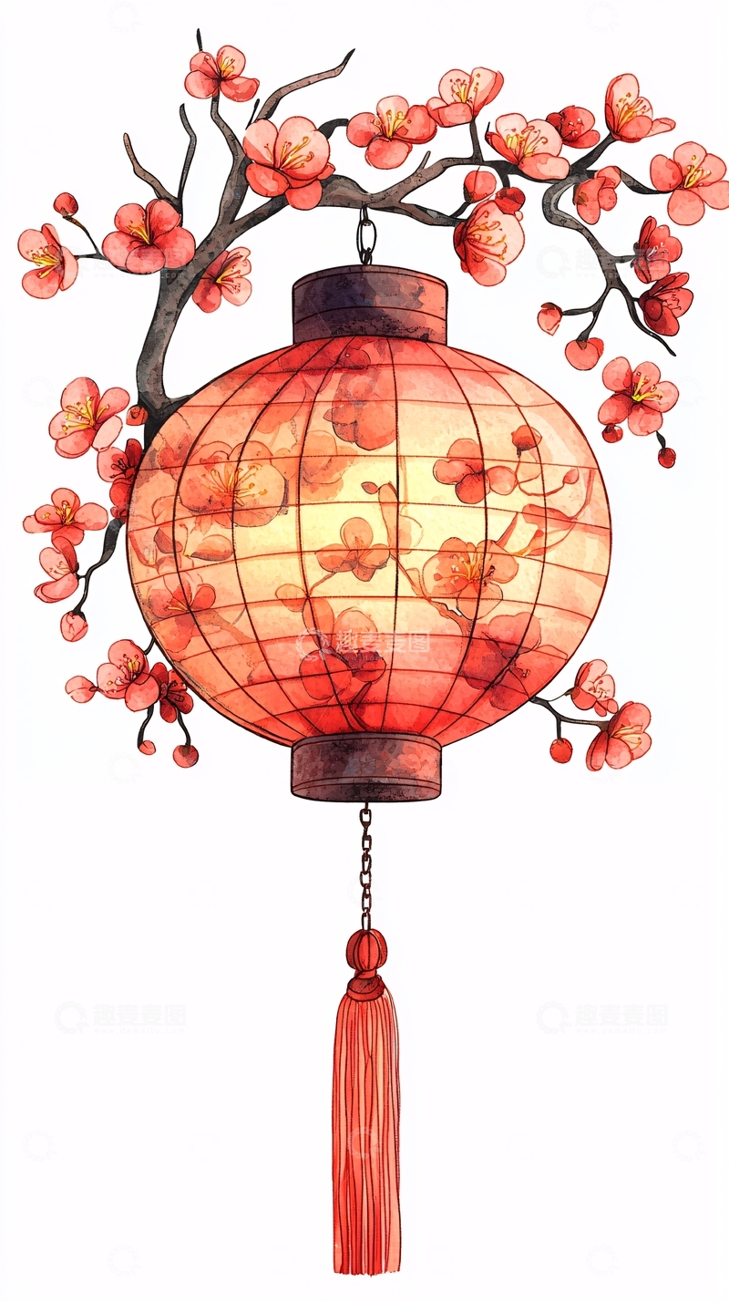 高清大图下载【趣麦麦图】红色灯笼与梅花枝干