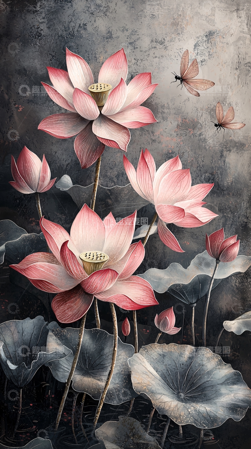 高清大图下载【趣麦麦图】粉色莲花水墨风唯美壁纸