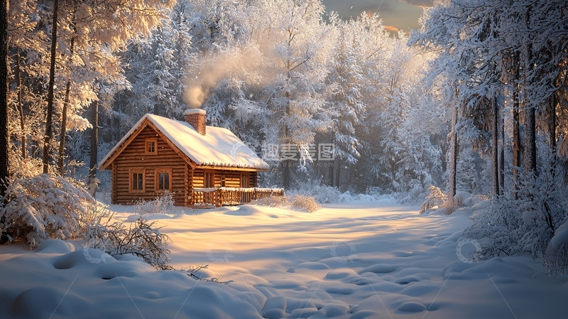 高清大图下载【趣麦麦图】冬日森林小屋