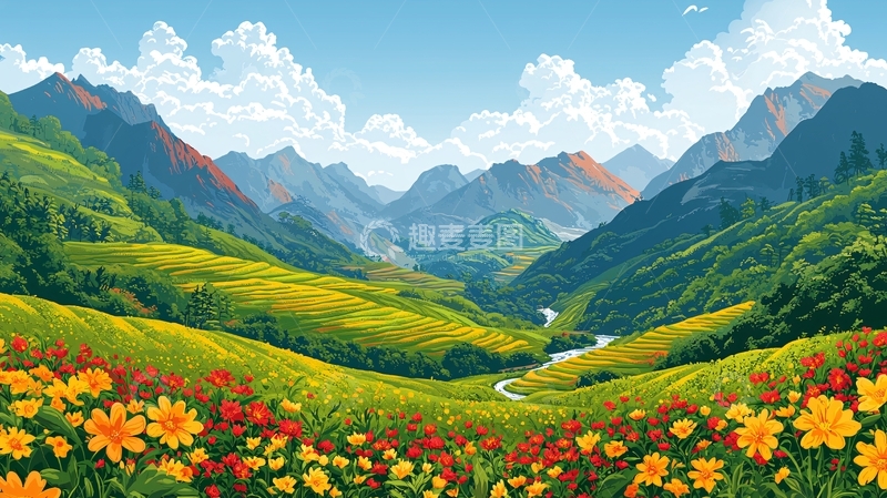 高清大图下载【趣麦麦图】山谷鲜花盛开