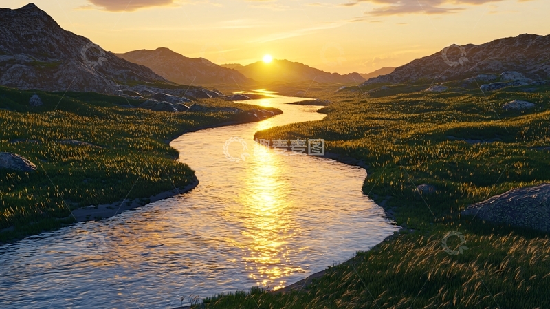 高清大图下载【趣麦麦图】夕阳西下河流蜿蜒