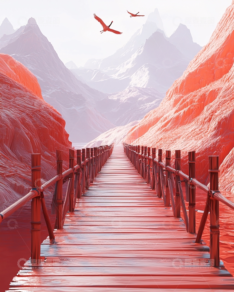高清大图下载【趣麦麦图】红色山谷木桥