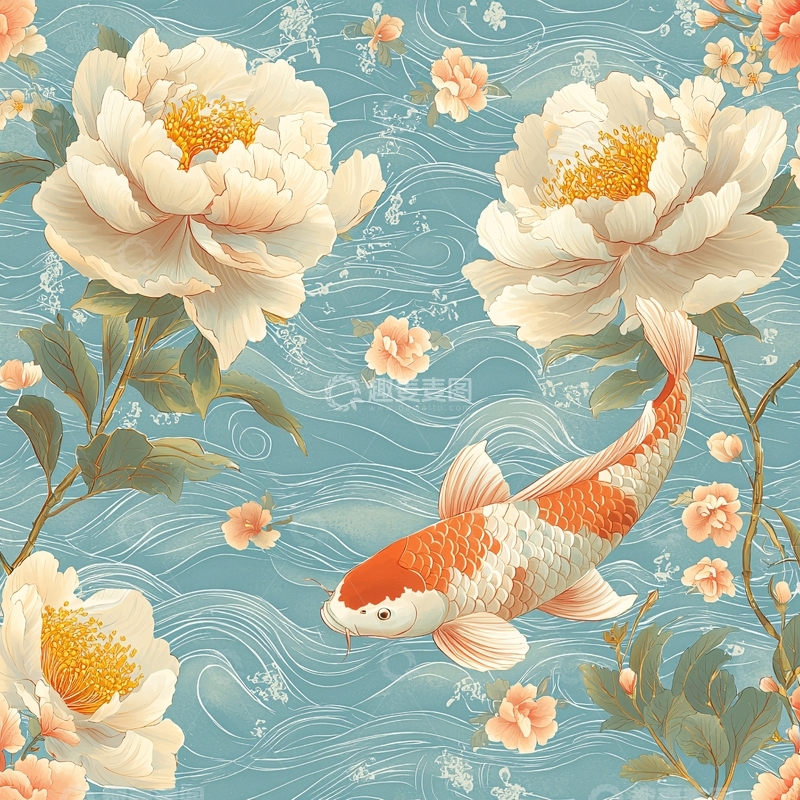 高清大图下载【趣麦麦图】锦鲤牡丹水波纹唯美国风背景