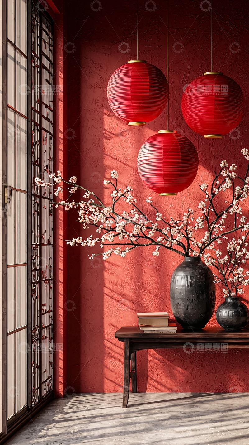 高清大图下载【趣麦麦图】-红色墙壁下的东方房间