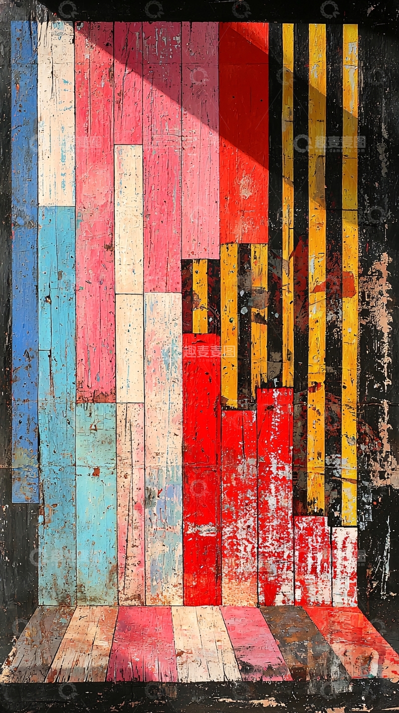 高清大图下载【趣麦麦图】彩色木板拼接抽象画