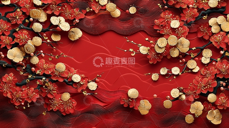 高清大图下载【趣麦麦图】红金色梅花暗纹背景