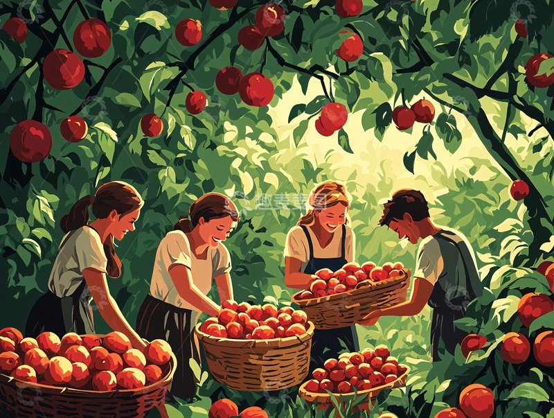 高清大图下载【趣麦麦图】采摘苹果的少女们