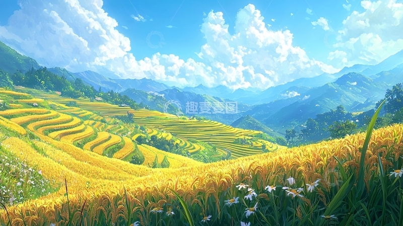 高清大图下载【趣麦麦图】阳光下的金黄梯田