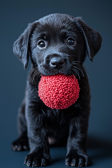 黑拉布拉多幼犬叼红球