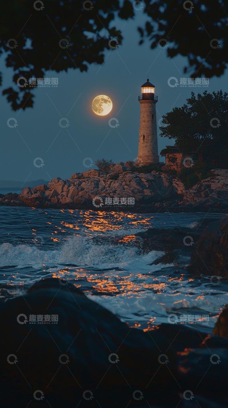 高清大图下载【趣麦麦图】夜晚海边灯塔