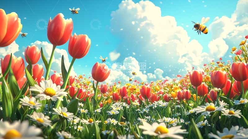 高清大图下载【趣麦麦图】春日的鲜花和蜜蜂