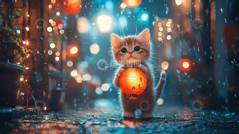 高清大图下载【趣麦麦图】小猫雨中抱灯笼