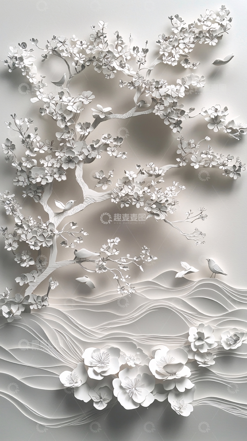 高清大图下载【趣麦麦图】白色立体纸雕花树