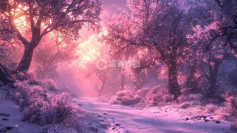 高清大图下载【趣麦麦图】梦幻紫粉色雪景森林