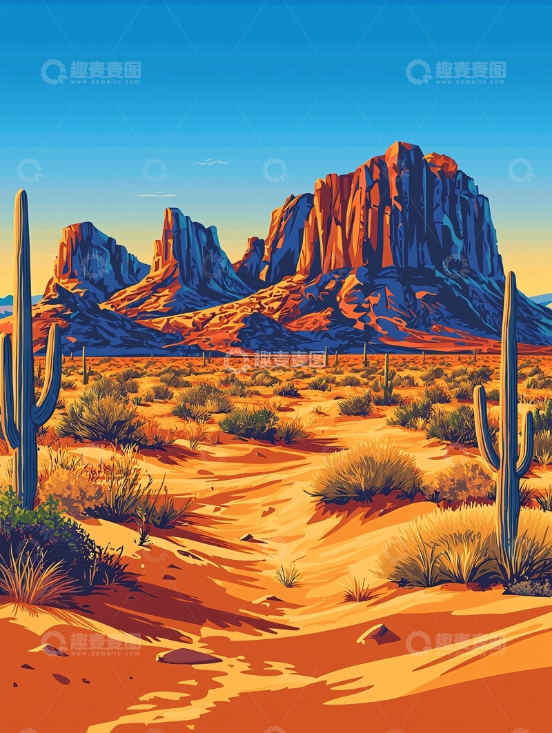 高清大图下载【趣麦麦图】沙漠岩石仙人掌的绘画