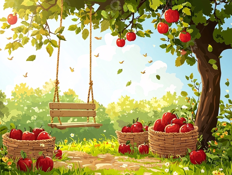 高清大图下载【趣麦麦图】苹果树下秋千