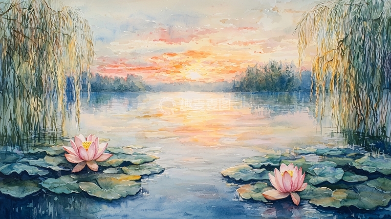 高清大图下载【趣麦麦图】夕阳西下湖边垂柳