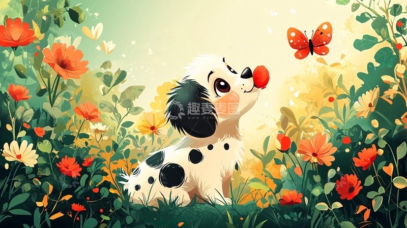 高清大图下载【趣麦麦图】小狗与蝴蝶花丛图