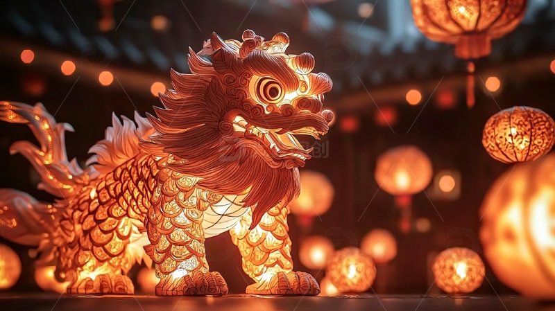 高清大图下载【趣麦麦图】灯笼下的中国狮子