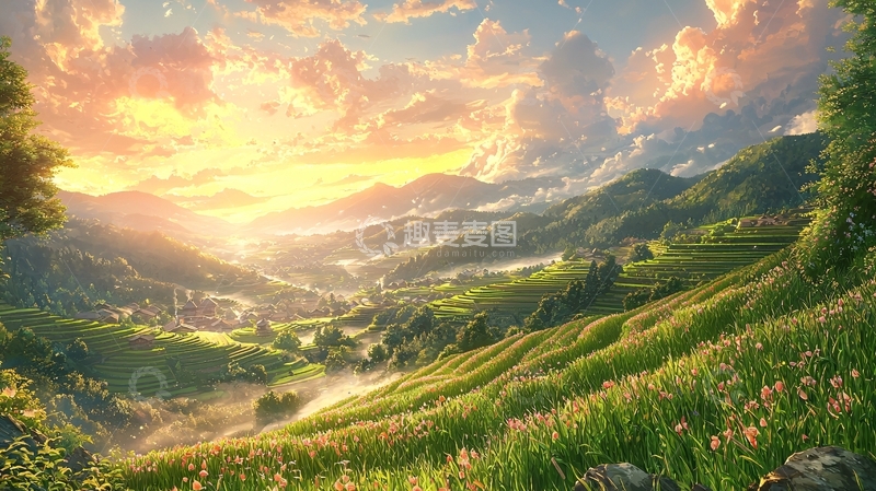 高清大图下载【趣麦麦图】日出山峦田园风光