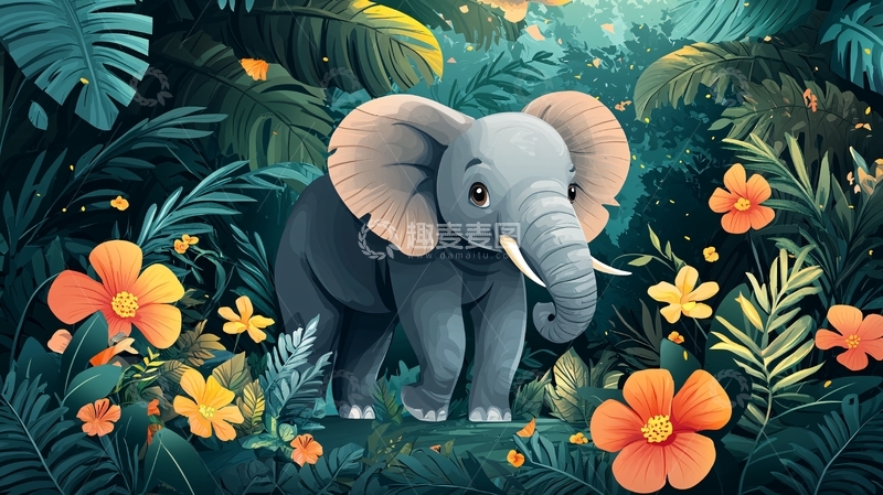 高清大图下载【趣麦麦图】热带丛林里的小象