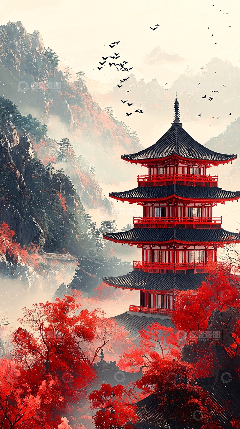 高清大图下载【趣麦麦图】红枫层林掩映下的古塔