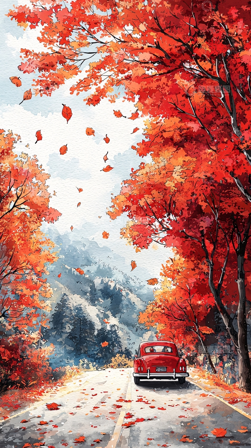 高清大图下载【趣麦麦图】红叶秋景公路复古车