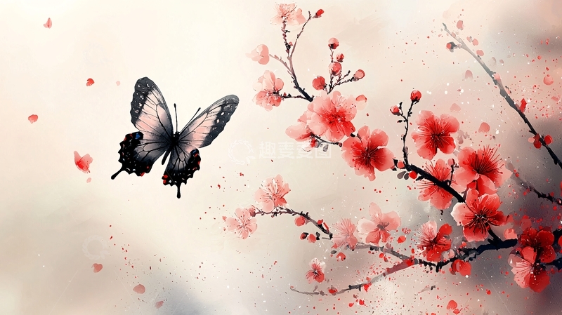 高清大图下载【趣麦麦图】水墨画风格蝴蝶樱花