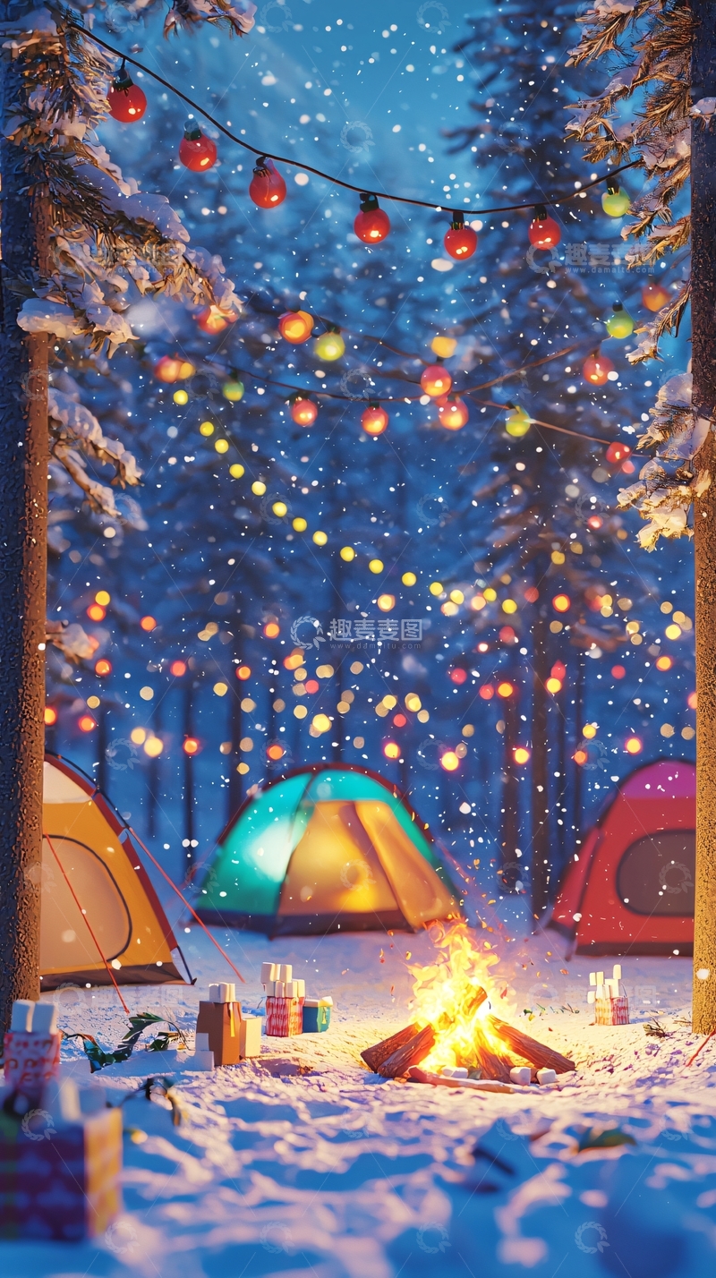 高清大图下载【趣麦麦图】冬夜雪地露营